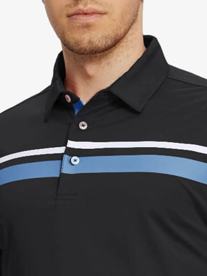 Front chest view of model wearing Chest Print Polo Shirts in Black