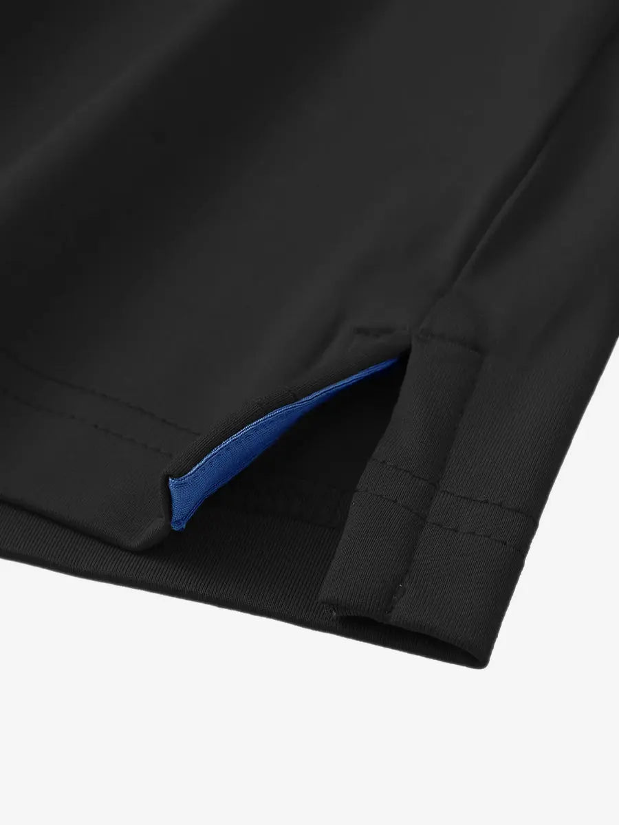 Close-up of side hem slit on Black Chest Print Polo Shirts
