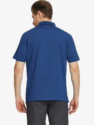 Back half-body view of Blue Chest Print Polo Shirts