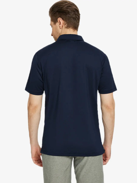 Back half-body view of Chest Print Polo Shirts in Navy