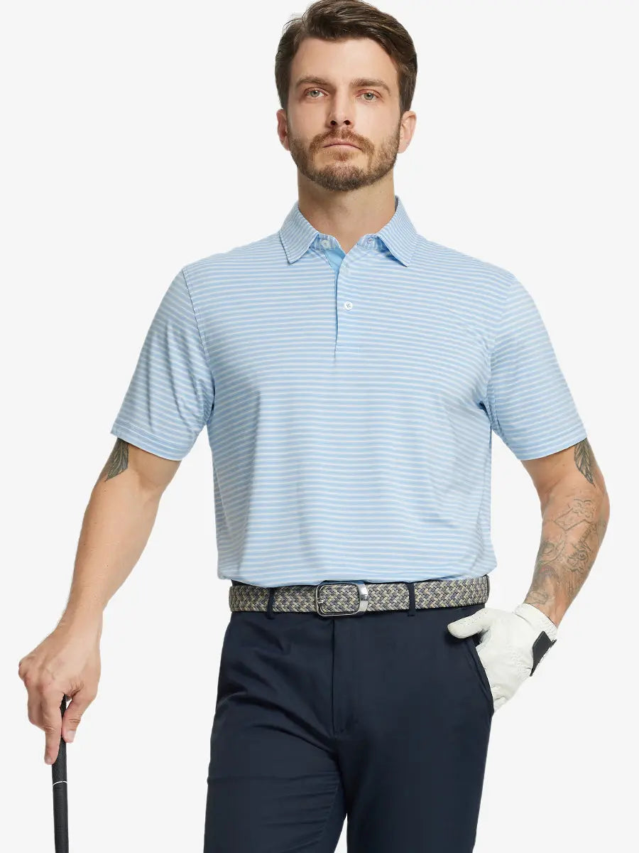Front half-body shot of model holding golf club, wearing Sport Fit Stripe Polo in Blue Denim Stripe