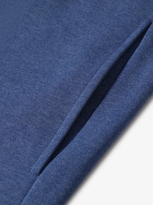 Side pocket detail of Blue Heather hoodie showing clean lines and cozy finish
