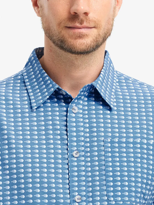 Front view from nose to chest wearing BLUE WHITE BONEFISH Stylish Printing Summer Shirt.