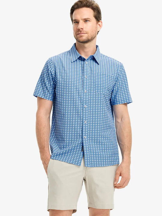 Front half-body view wearing BLUE WHITE BONEFISH Stylish Printing Summer Shirt.