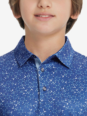 Collar close-up of Stylish print boys polo shirts with neat stitching in blue molecular structure