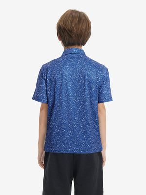 Back half-body view of youth wearing blue molecular structure performance print boys golf polo, showing rear design