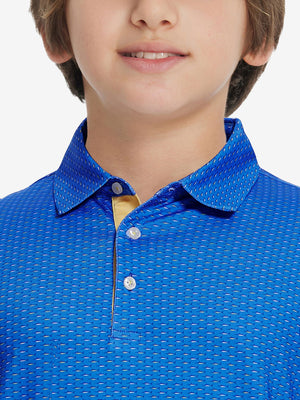 Front view of youth wearing blue swordfish performance print boys golf polo, showing collar and chest fit