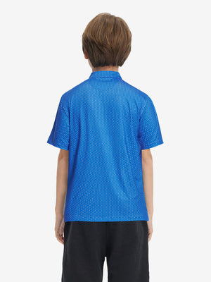 Back upper view of Stylish print boys polo shirts with clean lines and blue swordfish tone