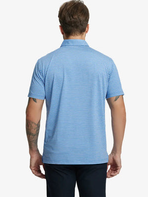 Back half-body shot of model showcasing the back of Sport Fit Stripe Polo in Classic Blue Stripe