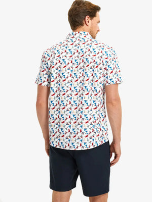 Back half-body view wearing COLORFUL WILD GOOSE Stylish Printing Summer Shirt.