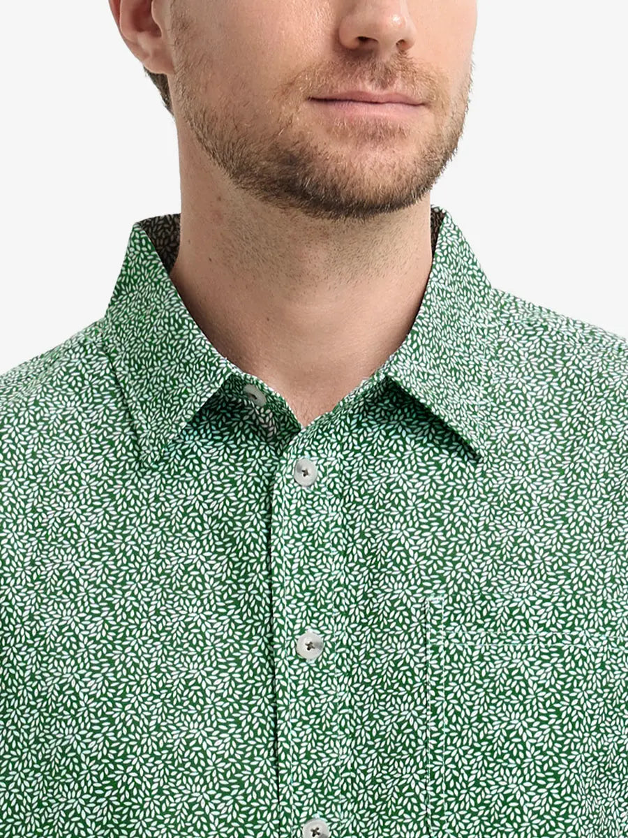 Front view from nose to chest wearing GREEN SMALL LEAF Stylish Printing Summer Shirt.
