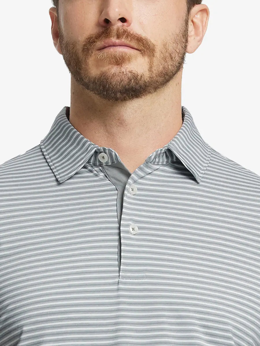 Front close-up shot of model from nose to chest wearing Sport Fit Stripe Polo in Grey White Stripe