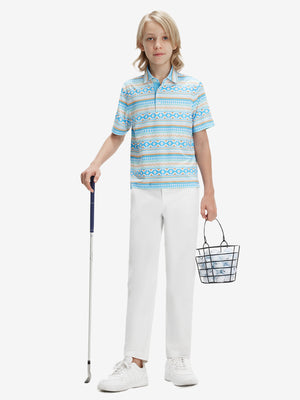 Full-body front view of model wearing the white youth water resistant cotton blend golf pants for a complete look