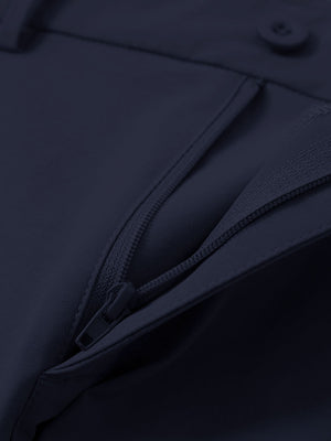 Detail view of the zipper on the navy youth water resistant cotton blend golf pants, highlighting secure closure