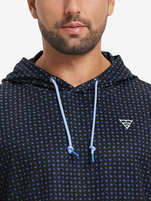 Upper front collar detail of trendy print fleece hoodies, neat stitching with navy flowerlet accent