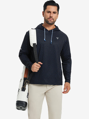Model carrying a golf bag outdoors, styled in trendy print fleece hoodies with navy flowerlet