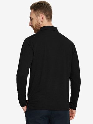 Back upper body of Skin-friendly long sleeve melange polo with smooth black finish