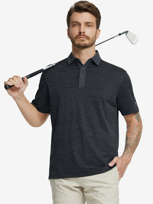 Half-body front shot with golf club in DARK GREYBLACK HEATHER Cool Heather Texture Polo