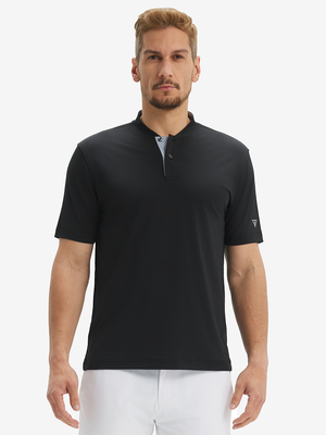 Front half-body view of model wearing black moisture-wicking short sleeve henley shirt