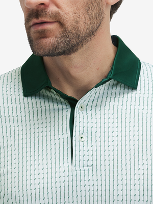 Close-up: nose to chest in white green lines lightweight stretch upgraded print golf polo shirts