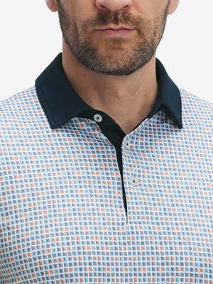 Close-up: nose to chest in colorful vertical stripe lightweight stretch upgraded print golf polo shirts