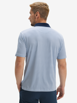 Back half-body of model in light dark blue graphics lightweight stretch upgraded print golf polo shirts