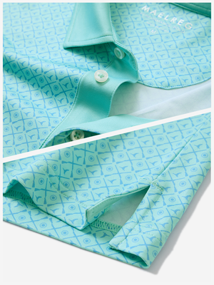 Detail: collar and hem slit of pea green goose lightweight stretch upgraded print golf polo shirts