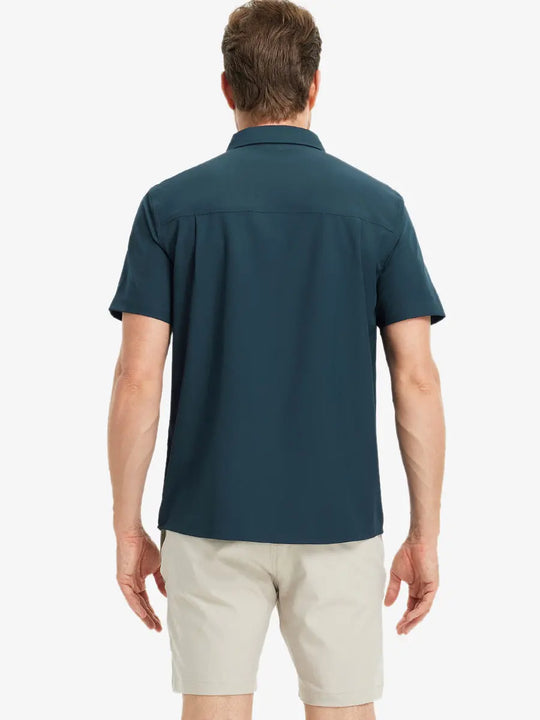 Half-body back view displaying the clean lines of the BLUE INDIGO polo.
