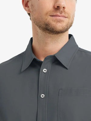 Front view from nose to chest showcasing the crisp DARK GREY polo.