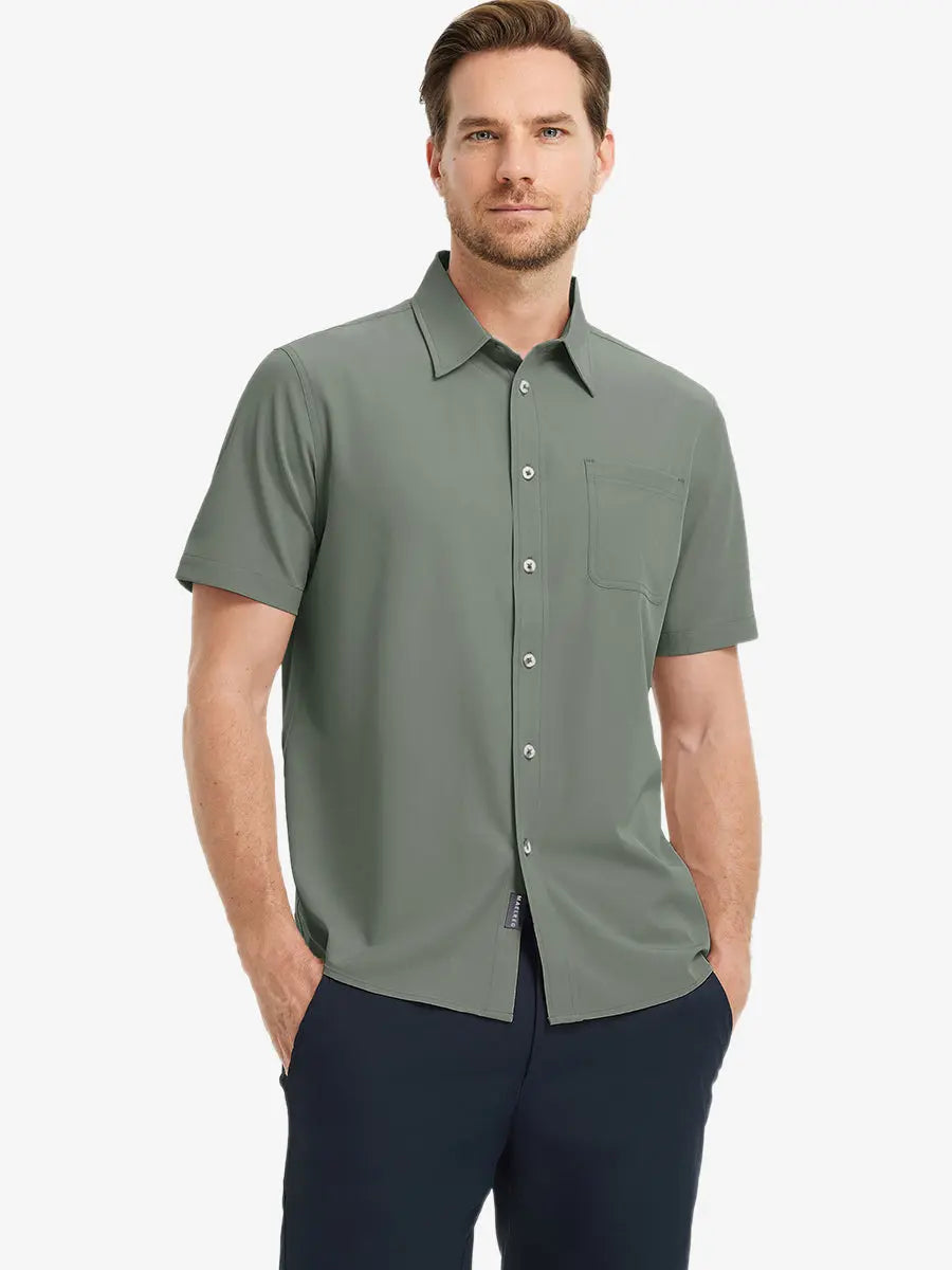 Half-body front view holding a golf club, wearing the OLIVE GREEN polo on the course.