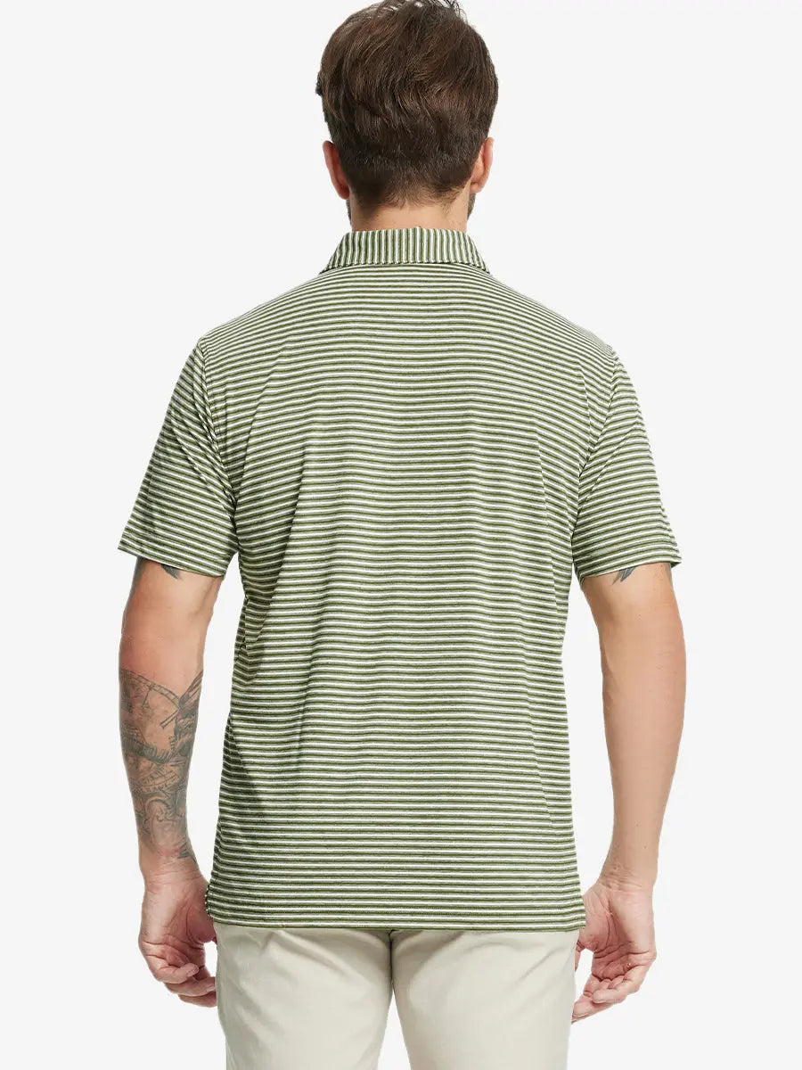 Back half-body shot of model showcasing the back of Sport Fit Stripe Polo in Olive Green Stripe