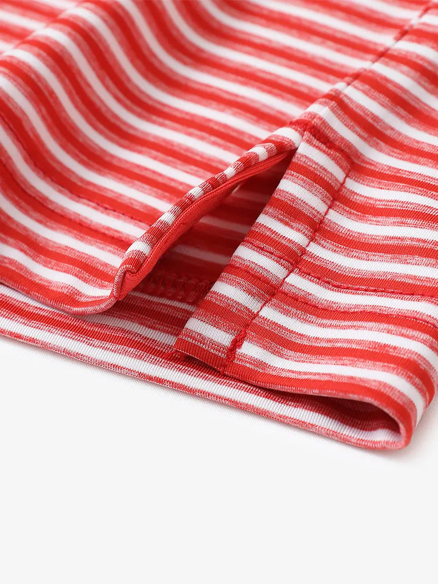 Close-up detail of hem opening on Sport Fit Stripe Polo in Red Stripe