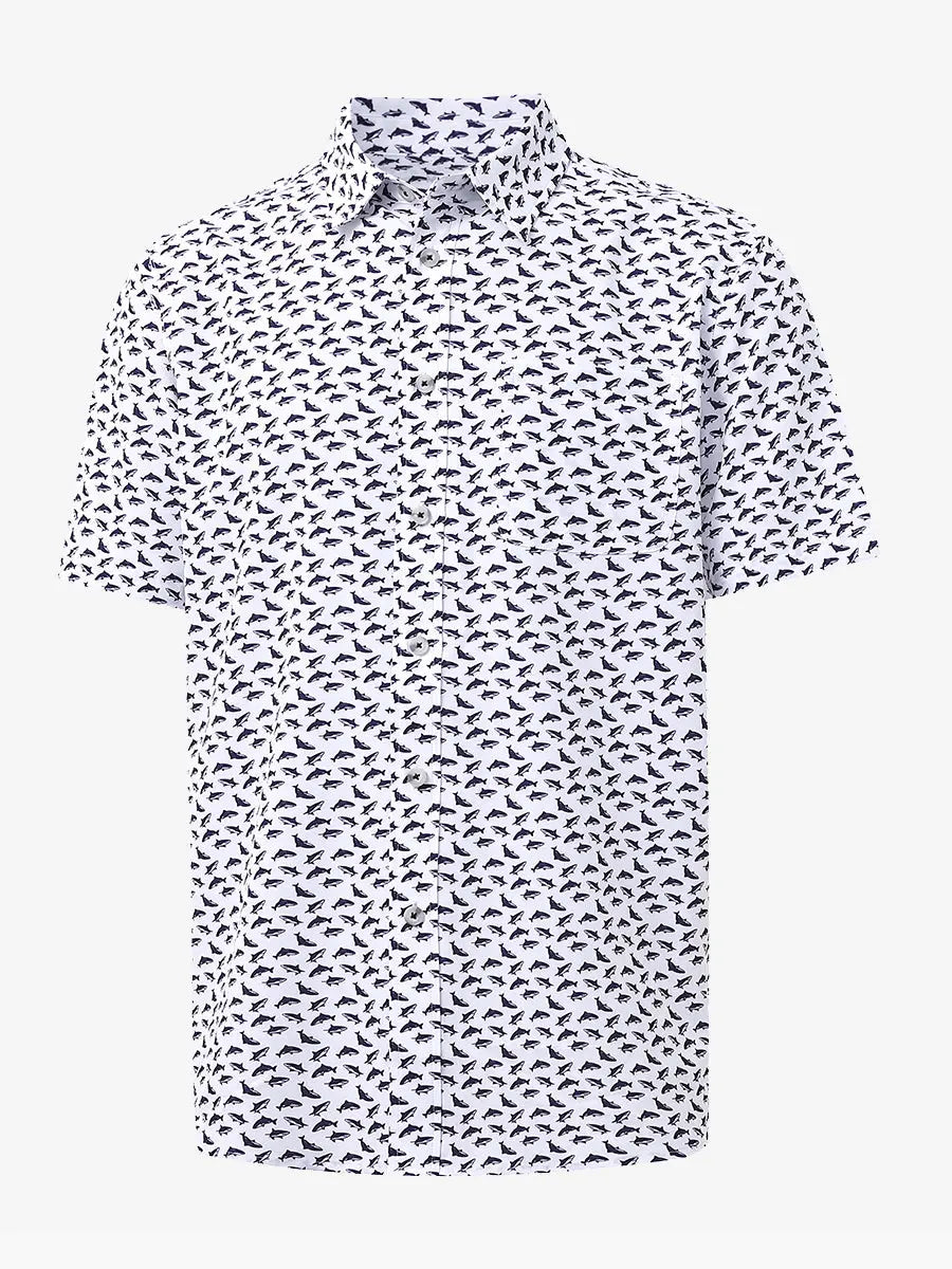 3D display of WHITE PURPLE SHARK Stylish Printing Summer Shirt.