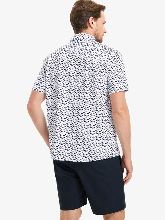 Back half-body view wearing WHITE PURPLE SHARK Stylish Printing Summer Shirt.