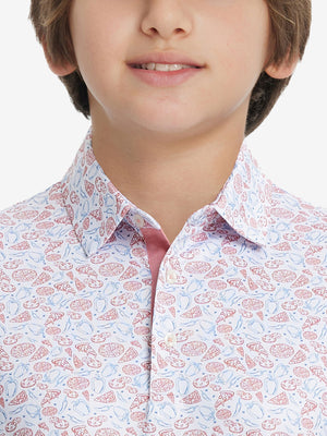 Front view of youth wearing white pizza performance print boys golf polo, showing collar and chest fit
