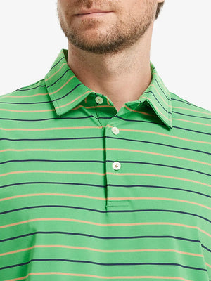 Front close-up from nose to chest of model in GREEN STRIPE Stylish Performance Golf Polo